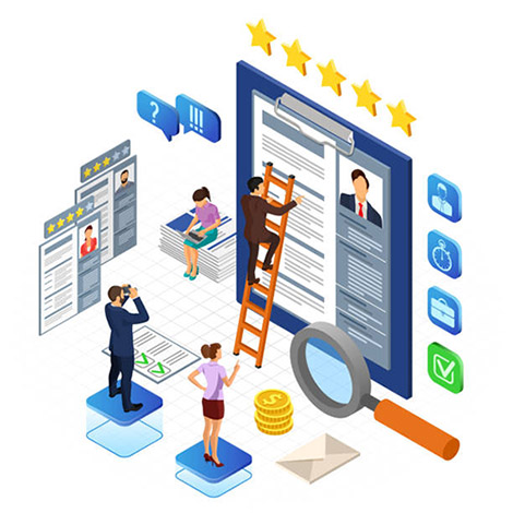 Online isometric employment, recruitment, check resume and hiring concept. Internet job agency human resources. People with binoculars, magnifier and resume. isometric vector illustration